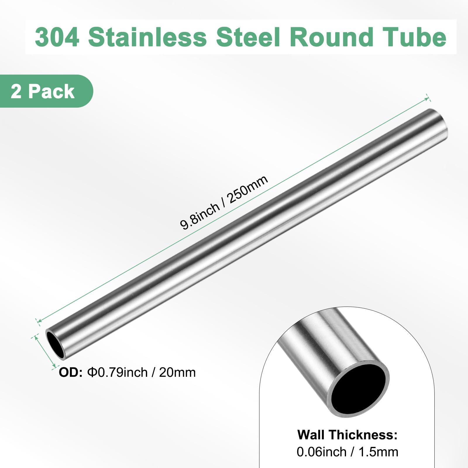 M METERXITY 2 Stück Edelstahlrohr Ø 20mm, Wandstärke 1.5mm, Länge 250mm, Edelstahl Rundrohr, Metallrohr, Edelstahlrundrohr Hohlprofil, Metallgerades Rohr für Bau, Treppen, Geländer