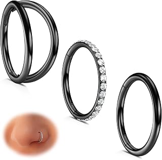 WBRWP Nose Rings Hoops for Women: 316L Surgical Steel Double Hoop Nose Rings Hinged CZ Septum Clicker Conch Cartilage Helix Rook Tragus Daith Earring Hoops Piercing Jewelry