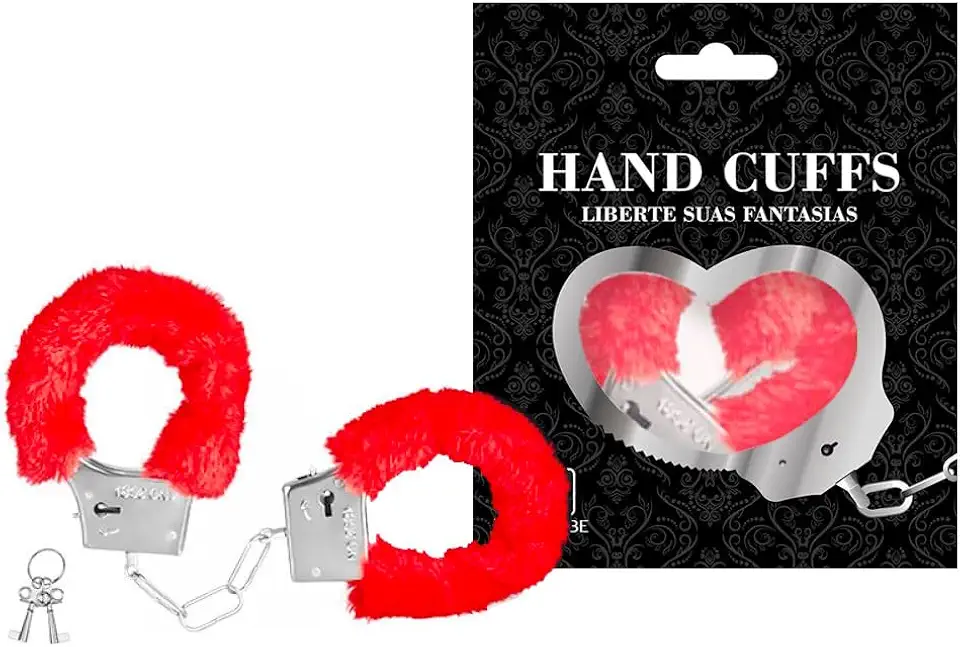 Algema Metal Fantasia Profissional Aço e Corrente Cromada Revestida em Pelúcia com Chave (VERMELHO)