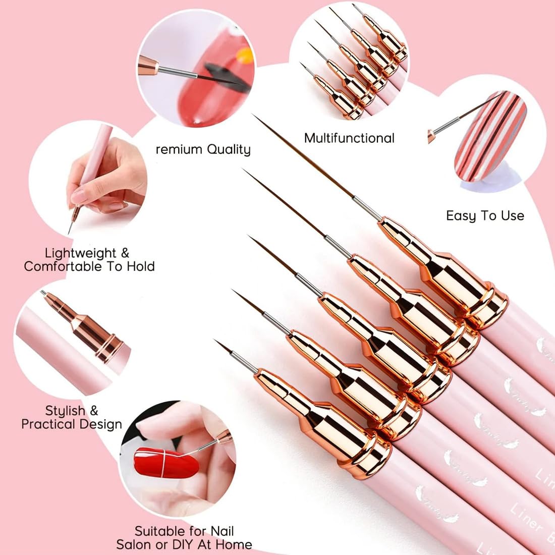 WeddHuis Nail Art Ongles Professionnel, 5 Pièces, Pinceaux Liner Ultra Fin, pour Gel, Peinture Acrylique, UV Construction, Brosses French Set, Nail Art, Liner, French Manucure (7/9/11/15/25 mm)