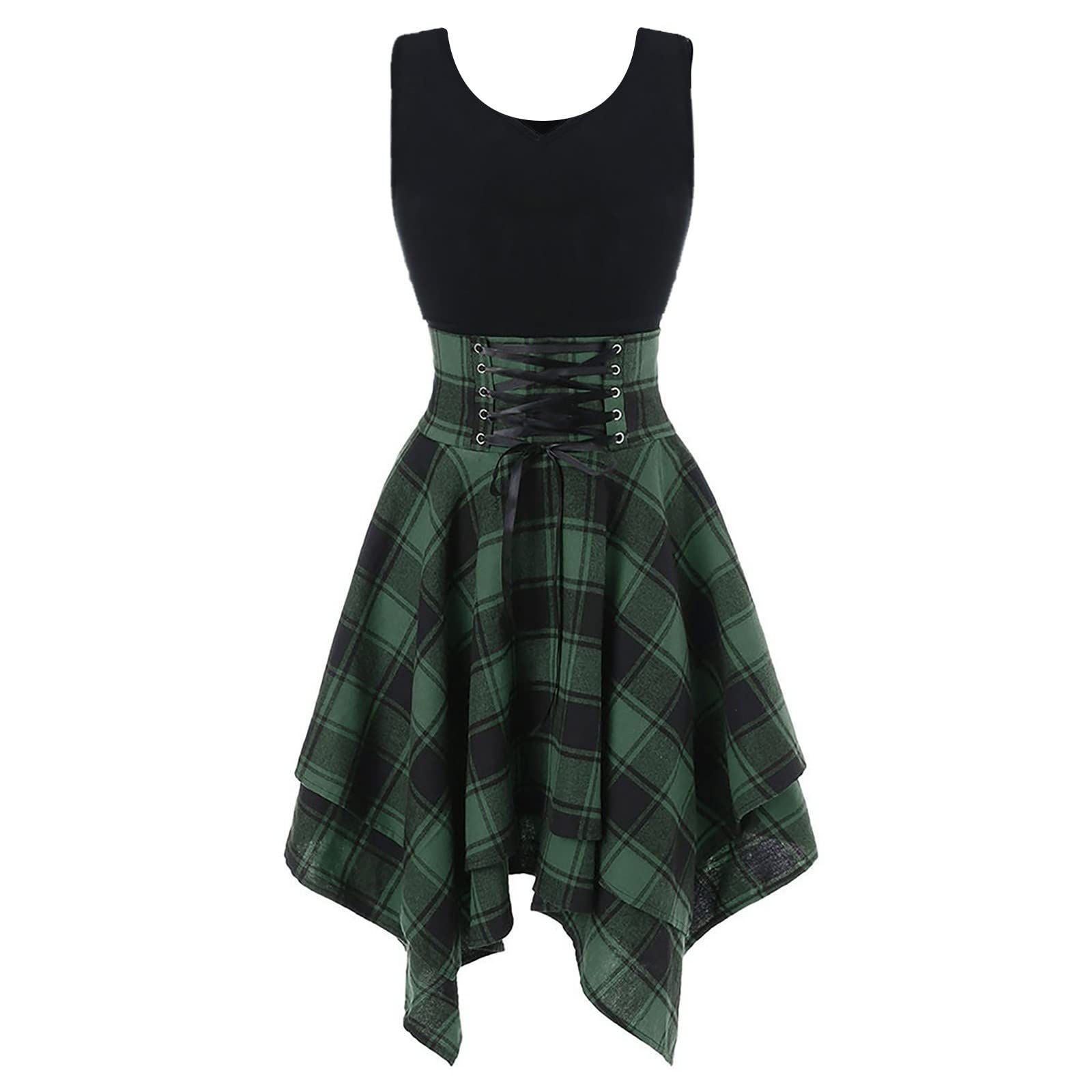 EOPUING Skater Dresses for Women,Summer Casual Lace-up Gingham Tank Dress High Waist Pleated Dress for School Girl