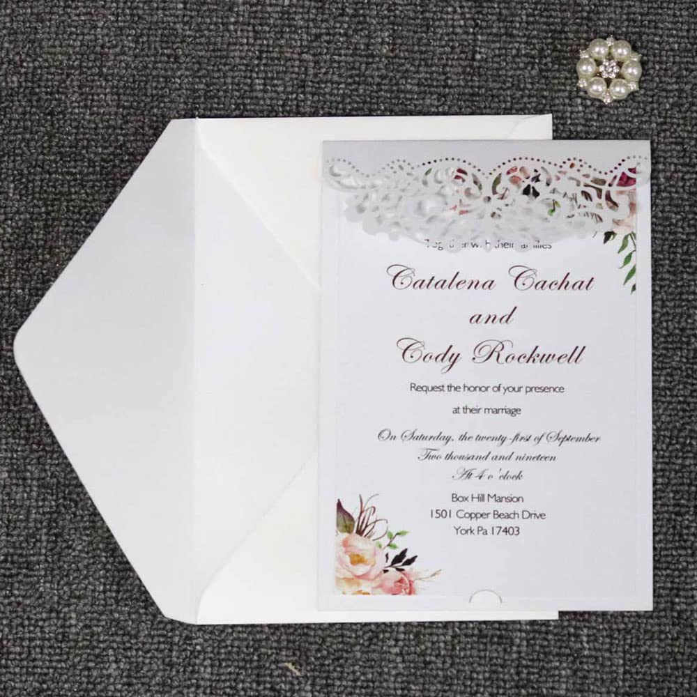 Delicada tarjeta de invitación de boda romántica D Paquete de 50, juego de papel imprimible en blanco y sobres for bodas, fiestas de cumpleaños, fiestas.(White,Blank)