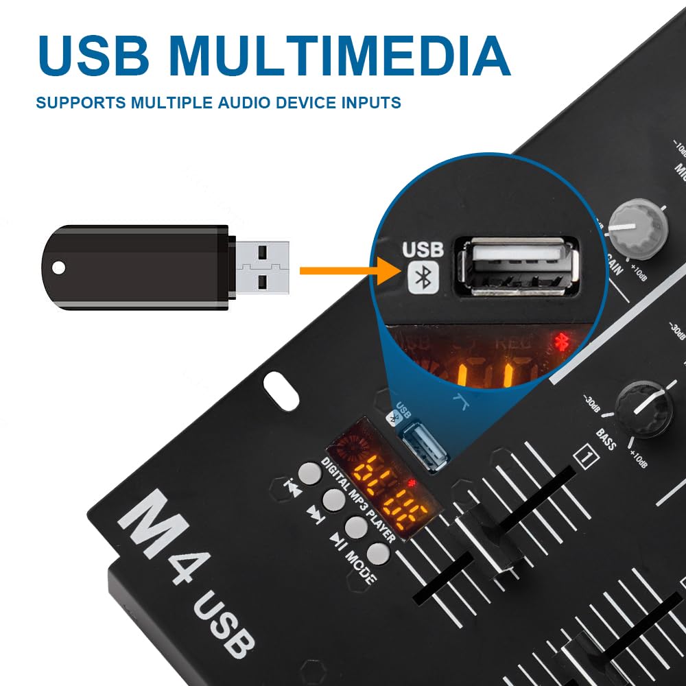 M4 4-Kanal DJ Mischpult (Schwarz), Audio Mixer mit Bluetooth & USB, Crossfader, 3-Band EQ, Gain-Regler & Cue-Monitor-Funktion - Professionelles Soundboard für Party, Club, Karaoke