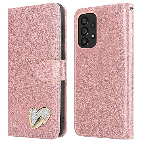 iPEAK Coque pour Samsung Galaxy A53 5G - En cuir brillant - Avec rabat et support - Avec paillettes - Pour téléphone Samsung A53 5G - Or rose Cover