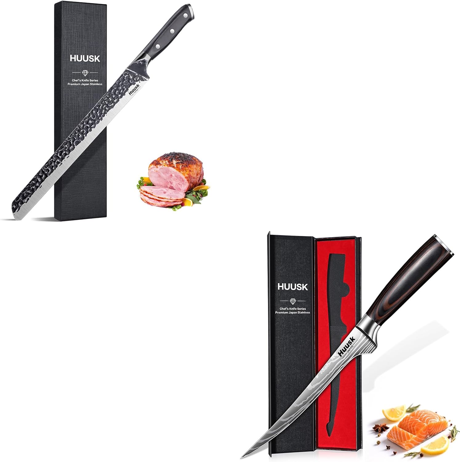 Huusk Filet Knife for Fish - 7 Inch Fish Fillet Knife Bundle with a Japanese 11.5 Inch Hand Forged Slicing Knife,Flexible Boning Knives for Meat Cutting, Professional Japanese Fishing Knives for Meat