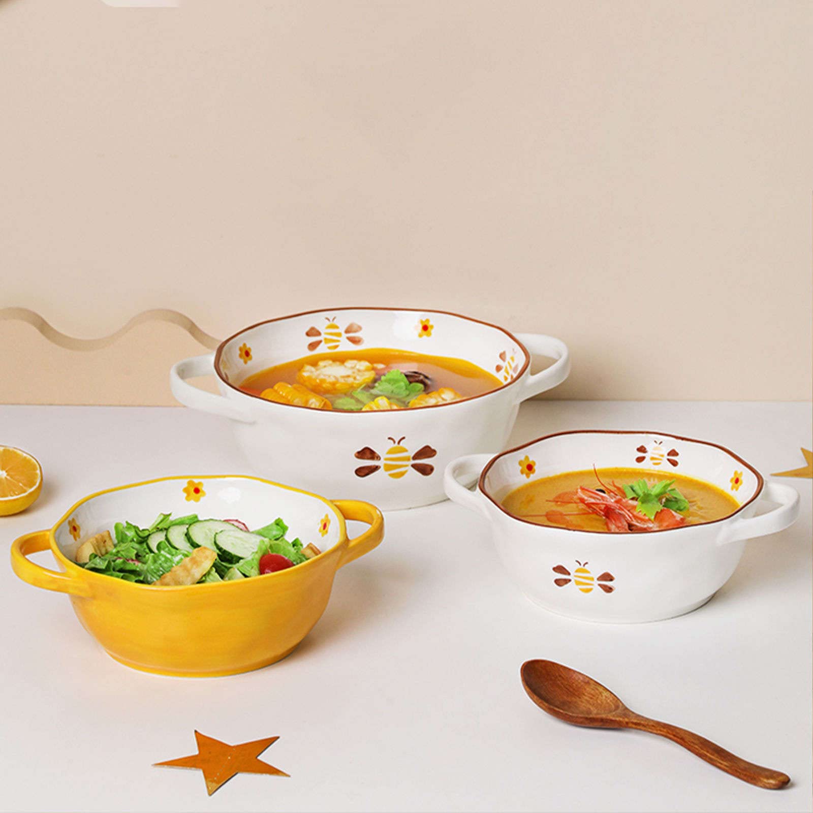 Vaisselle Bol à soupe ramen en céramique, tasse à soupe, bol en céramique, bol à ramen en céramique, grand bol à nouilles Udon, bol à soupe micro-ondes four Safe-bee -20x15x6.5cm,600ml(Color:Bee)