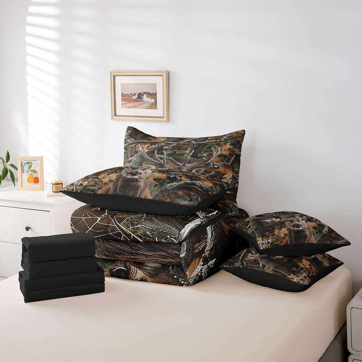 Erosebridal Deer 7 Piece Comforter King Size Hunting Sheet Set Bed in A Bag for Kids Boys Girls Cabin Farmhouse Woodland Animal Camo Rustic Leaves Antlers Wolf Bear Tree Bed Set