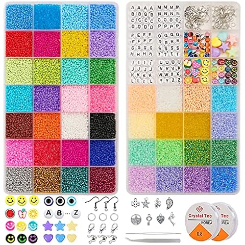 36000pcs Glass Seed Beads for Jewelry Making, 2mm 12/0 Small Seed Beads kit for DIY Bracelets Necklaces Rings, Craft Glass Beads Set with 300pcs Letter Beads,Charms, Evil Eyes Beads, Pendants Cover