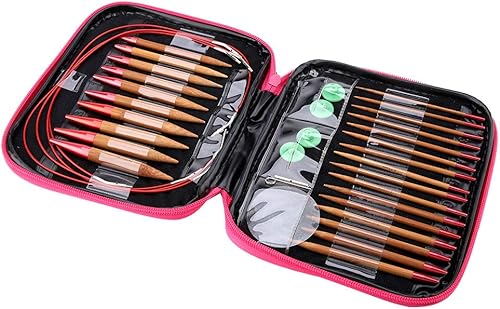 Miniatura 9 de Juego de agujas de tejer intercambiables, agujas de ganchillo de bambú carbonizado, juego de anillos circulares de aluminio con bolsa de