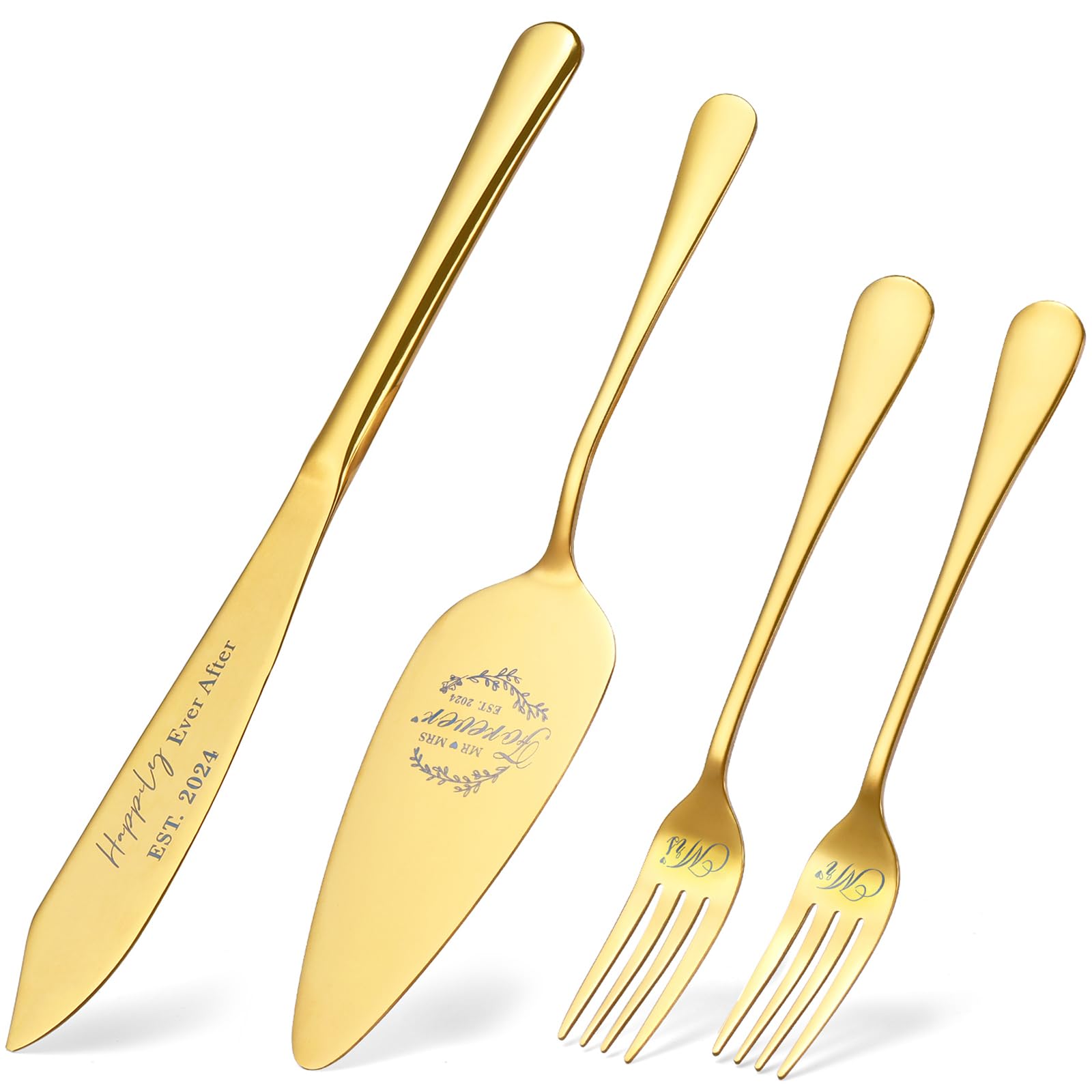 Galaxozent Wedding gifts for Couples, Gold Wedding Cake Knife and Server Set with Forks, Cake Cutting Set for Wedding, Bridal Shower Anniversary Engagement Present For Mr and Mrs Set of 4