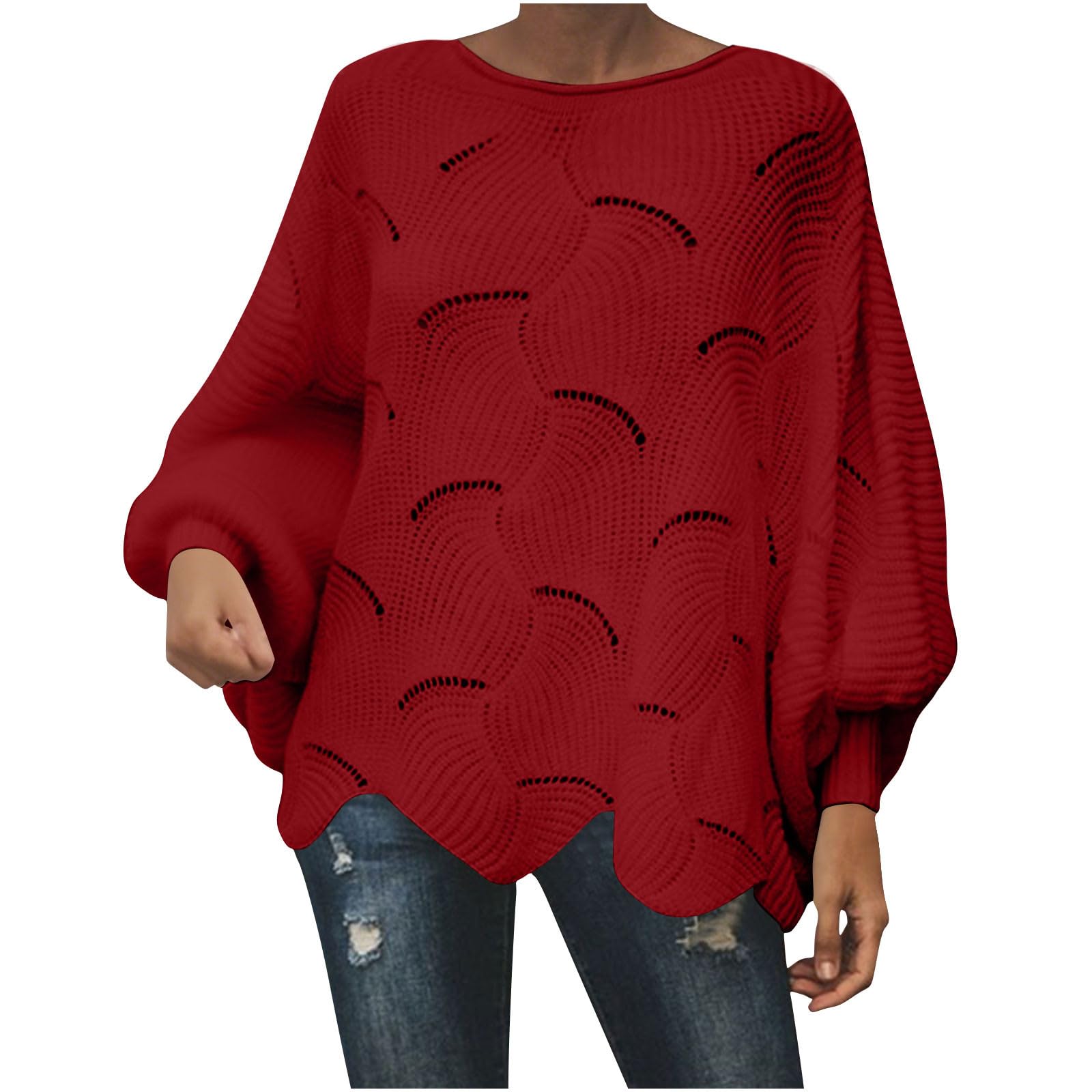 Womens Hollow Out Oversized Knit Sweater Batwing Sleeves Irregular Hem Sweaters Crew Neck Knitwear for Women