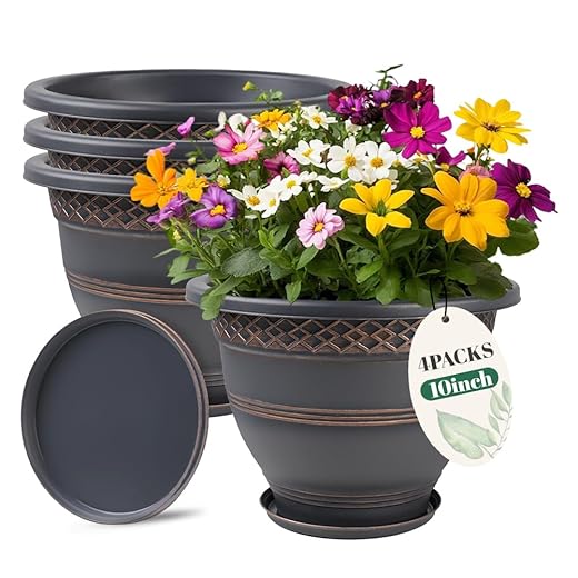 10 Inch 4 Pack Large Plant Pots, Plastic Flower Pot for Indoor & Outdoor with Drainage Holes & Saucer, Plaid Pattern Planters Garden Pots for Herbs