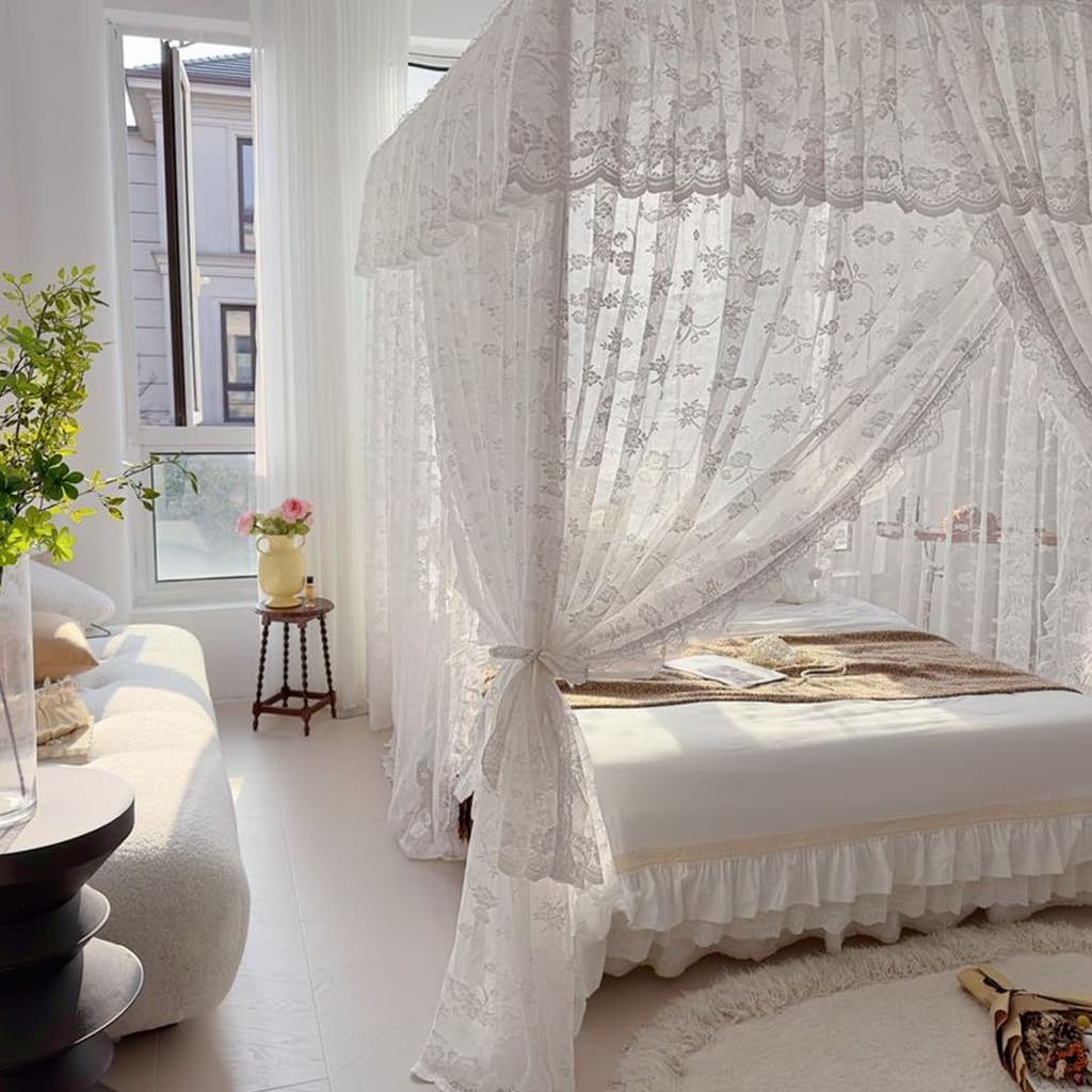 Elegant Lace Princess 4 Corner Post Mosquito Net Romantic Flowers for Girls Women Full/Queen Size Bed Curtain Canopy for Wedding Bedroom Kids Rooms Decoration (White, King)