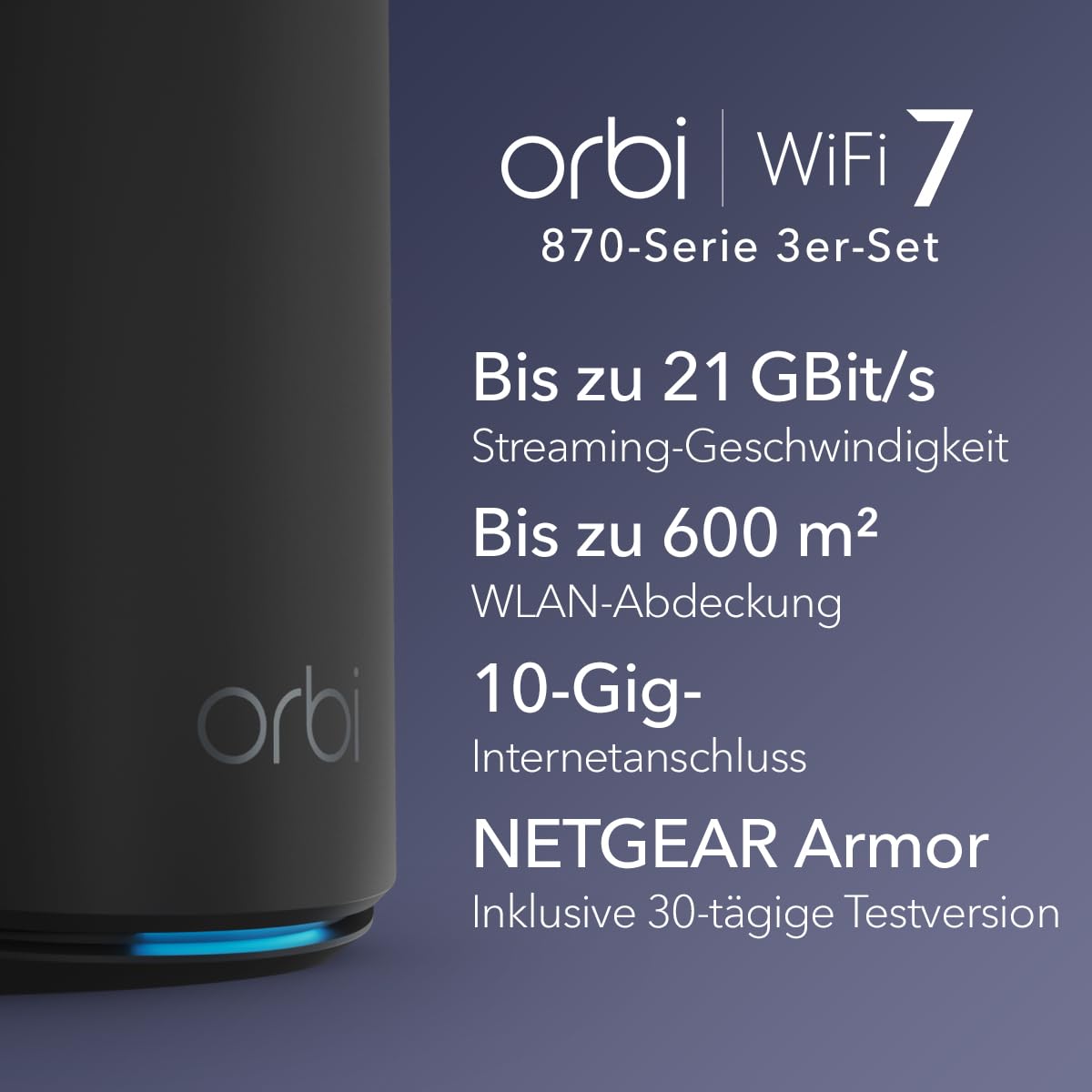 NETGEAR Orbi Serie 870 | Mesh WiFi-7 System | RBE873B | Mesh WiFi 7 Router und 2 Satelliten | Bis zu 21 Gbit/s | Abdeckung 600 m² | 150 Geräte | 10-GB-Internetport | Tri-Band BE21000 | 3 Pack Schwarz