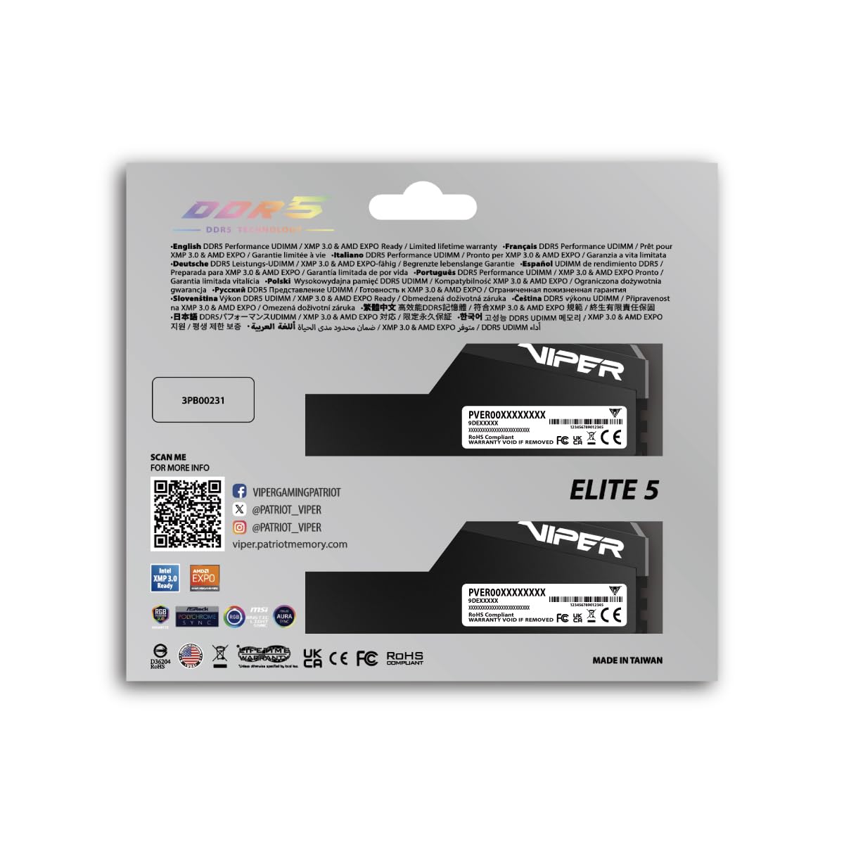 Patriot Viper Elite 5 Ultra Gaming RGB DDR5 RAM 32GB (2X16GB) 6400MT/s CL32 1.4v UDIMM zestaw pamięci do gier stacjonarnych kompatybilny z Intel XMP AMD EXPO - VEUR532G6432K