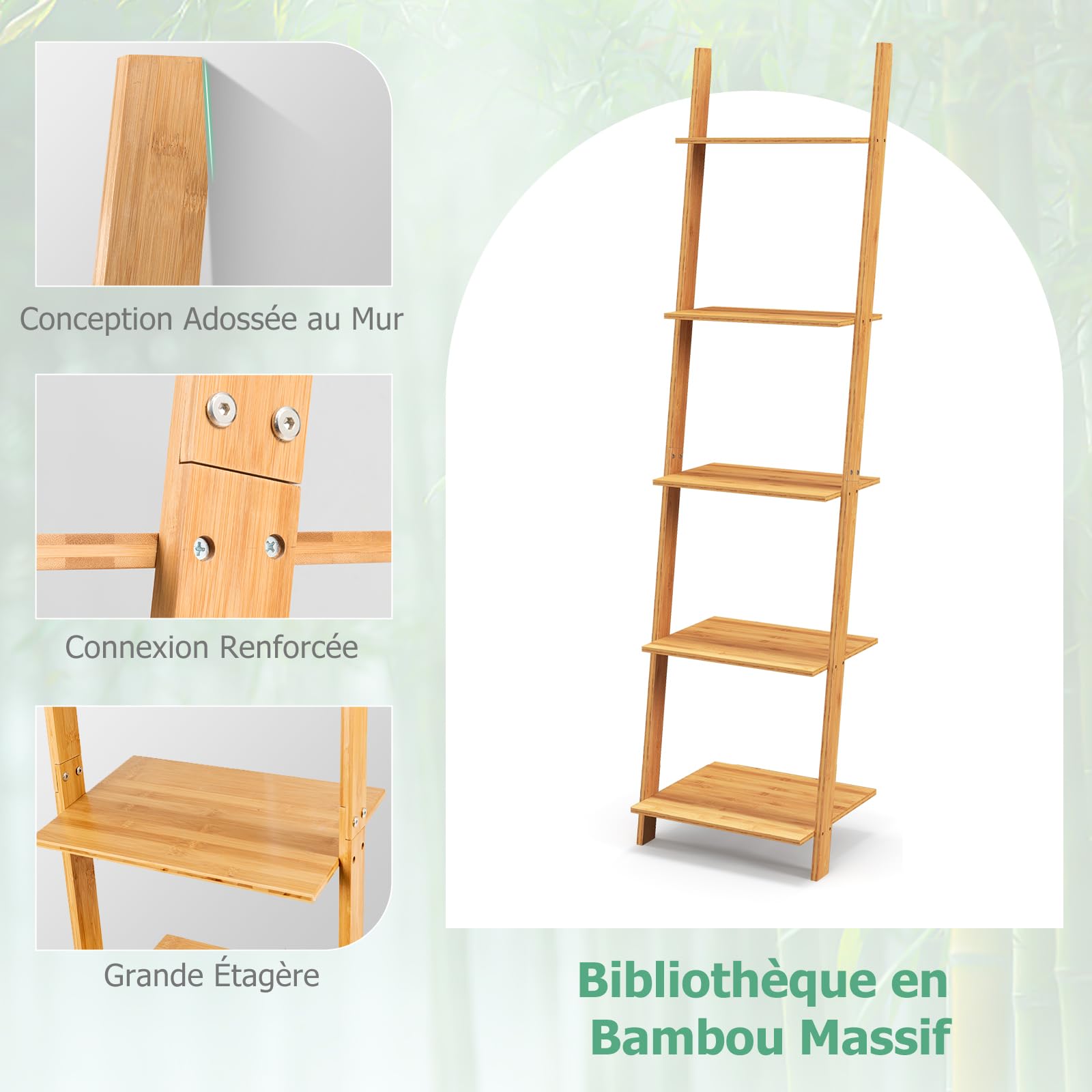 GIANTEX Étagère en bambou à 5 niveaux - Étagère murale à 5 niveaux - Étagère murale pour salon, salle de bain, cuisine, 43 x 35 x 165 cm, naturel