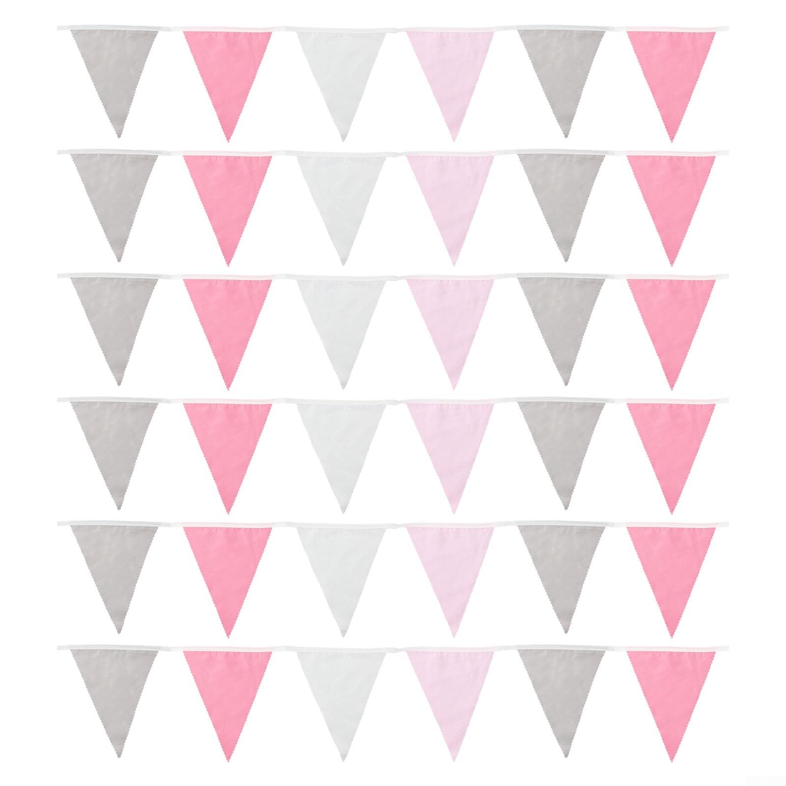 10M Fabric Bunting Decor with 36 Cotton Pennants for Wedding For Birthday Baby Shower Garden Party and Home Decoration (Pink Gray White)