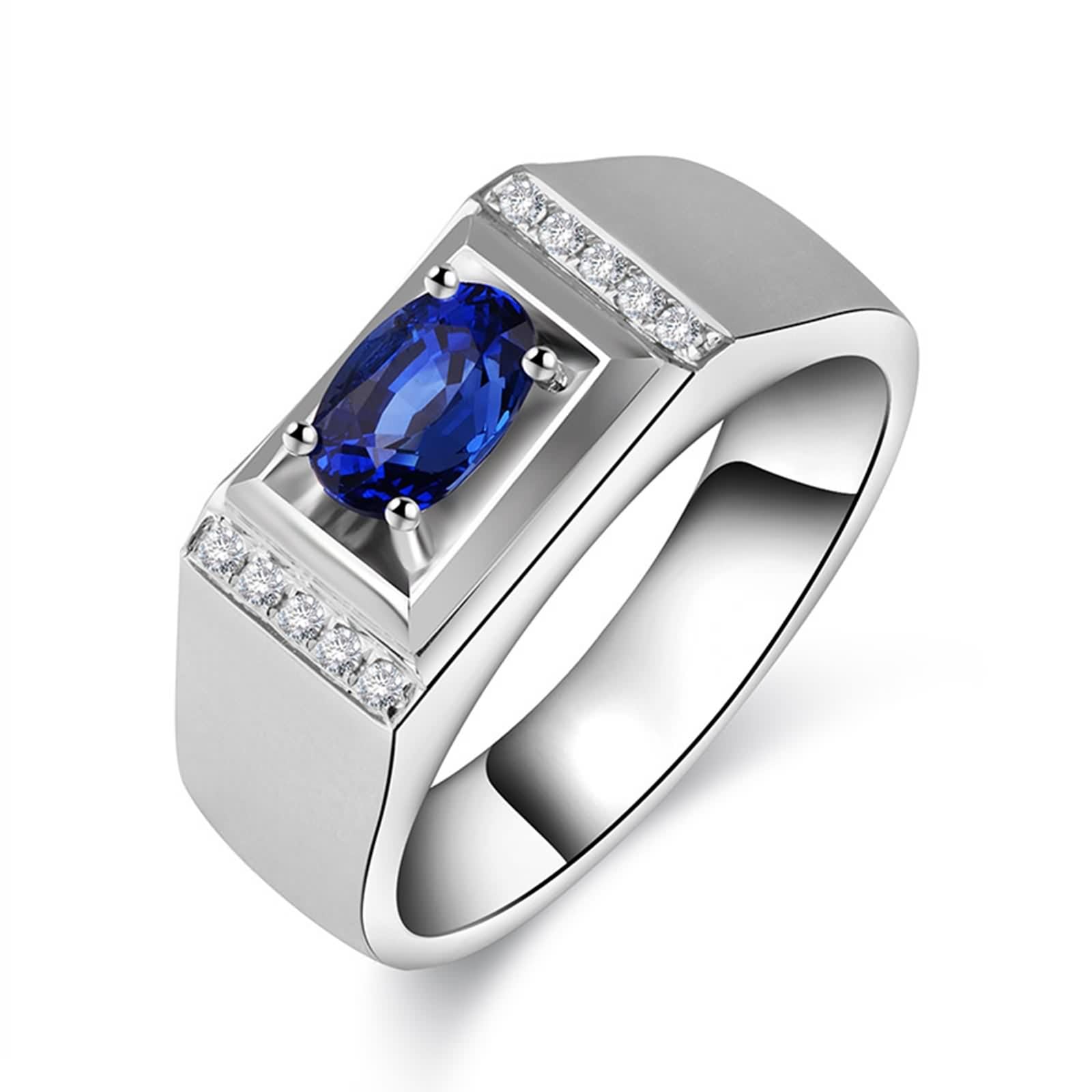 Sortija Piedras Azul, Alianzas Boda Oro Blanco 18K Forma Oval 0.1Ct Diamante Blanco Talla 25 para Esposo con Joyero