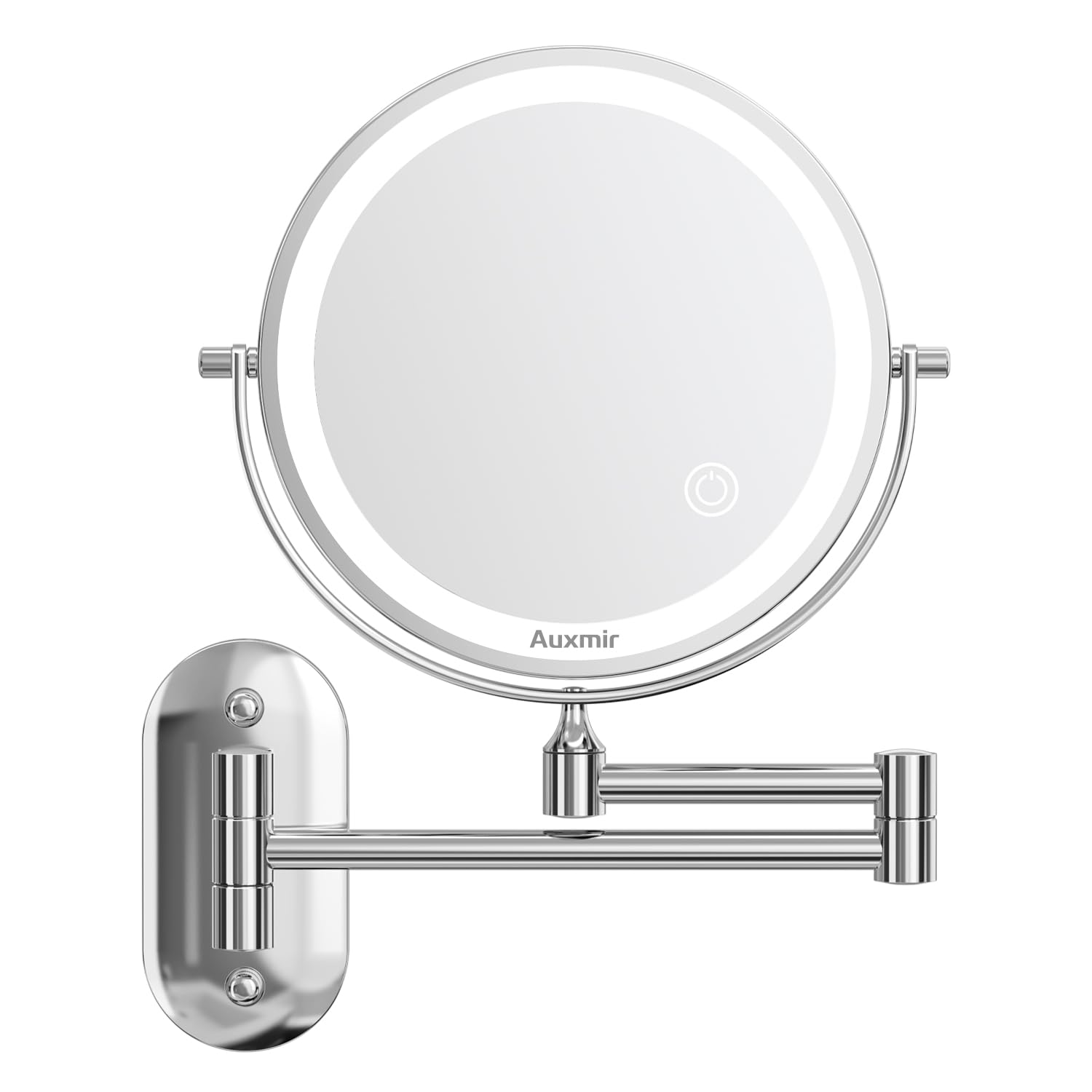 Auxmir Espejo Maquillaje con Luz Pared, 1X/10X Aumento, Espejo de Baño LED Doble Cara, 360 Giratorio, 3 Colores Brillo Regulable Brazo Extensible, SPA, Hotel, Plata