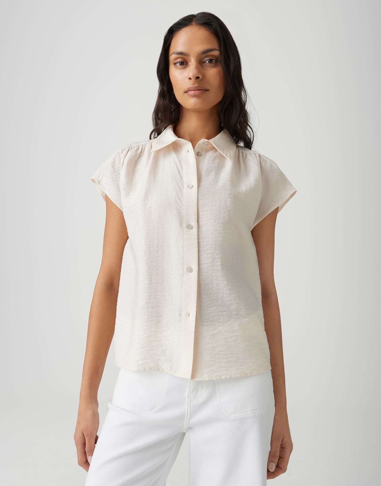 OPUS Chemisier à manches courtes pour femme - Chemisier en satin FAIRI ample avec fronces féminines