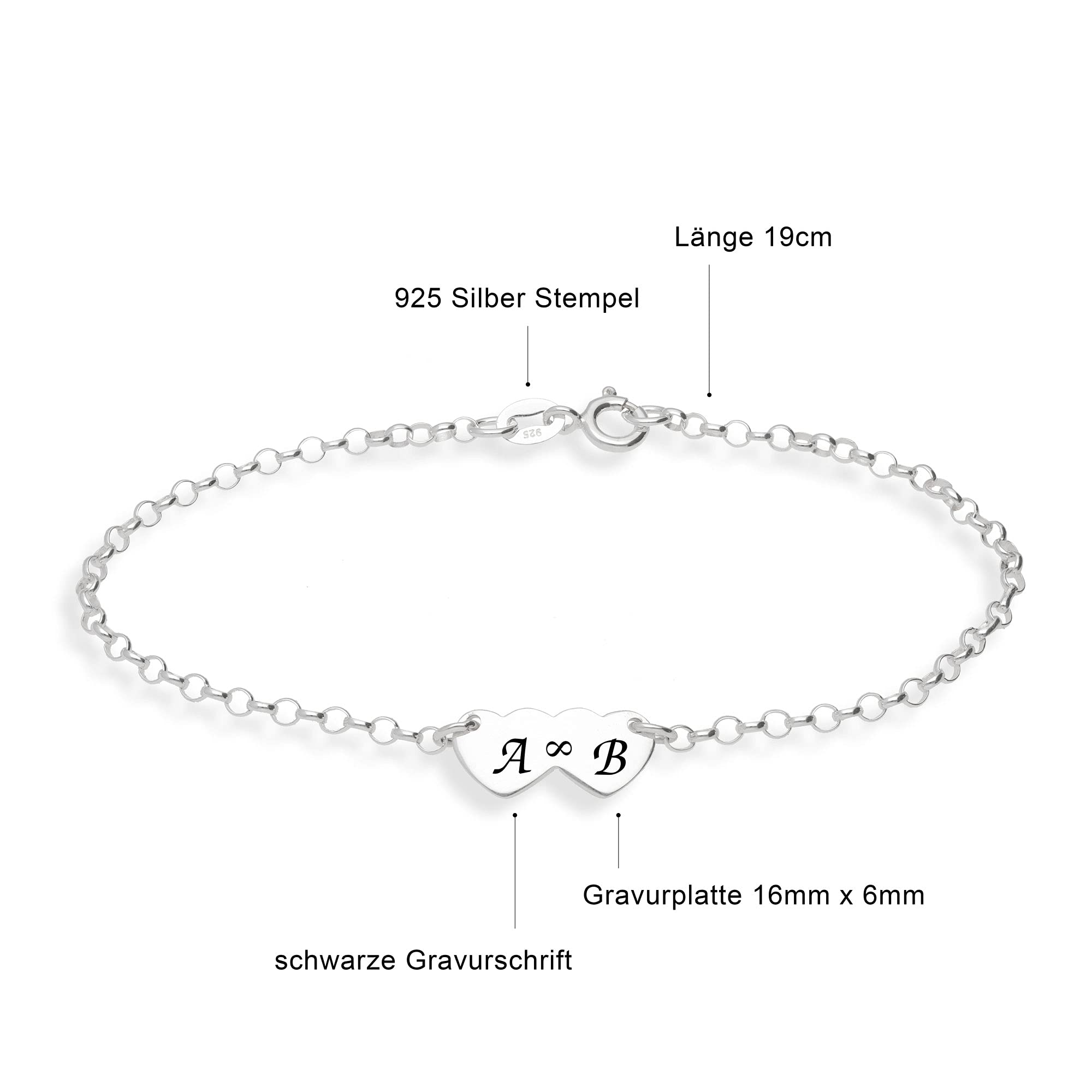 Damen Herz Armband Identarmband mit Gravur für Frauen 925 Silber Wunschgravur von Initialen oder Buchstaben auf der Vorderseite. Länge 19cm