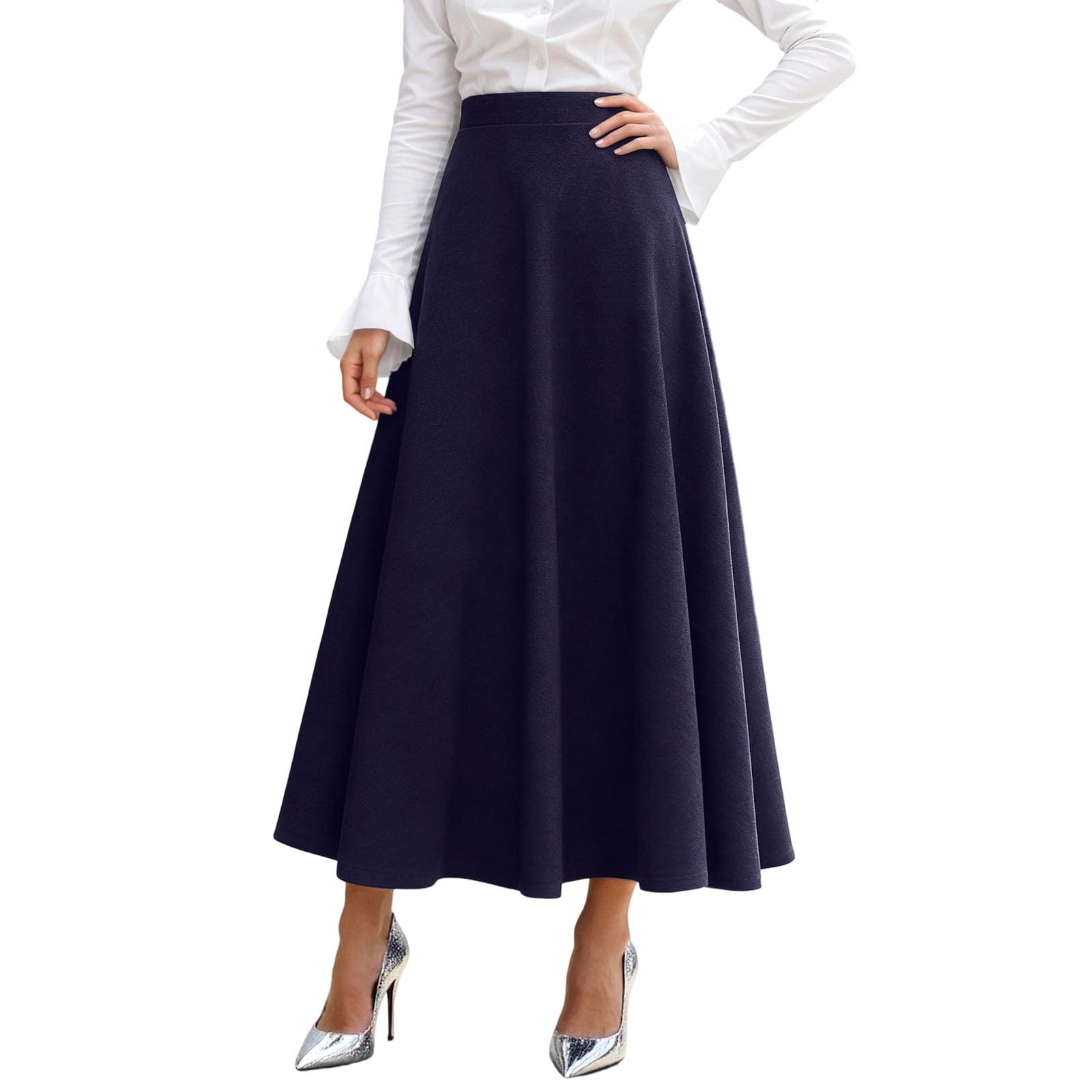 Jupe midi plissée taille haute en tissu mélangé, ligne A, évasée, oscillante, chaude pour l'hiver, structurée, élégante, festive, jupe longue avec poches