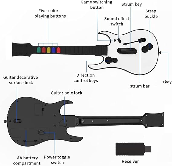 NBCP PC Guitar Hero Controller, Wireless PlayStation 3 PS3/PC Guitar Hero Guitar with Dongle for Clone Hero, Guitar Hero 3/4/5 Rock Band 1/2 Games