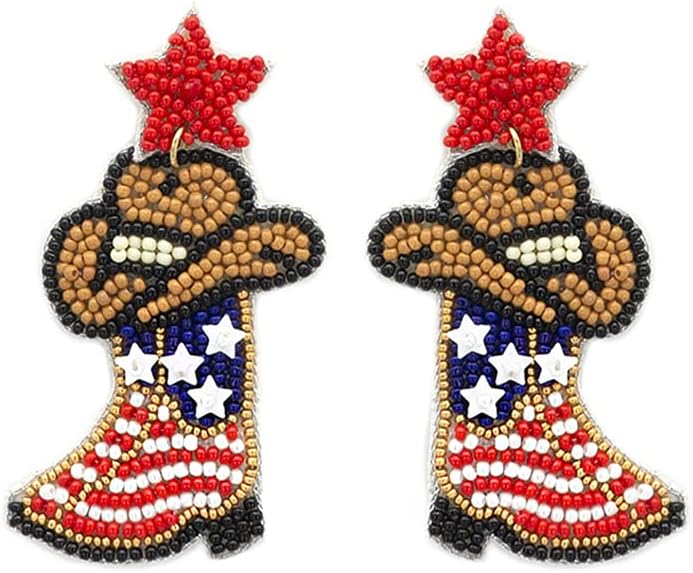 Beaded USA Cowboy Post Earrings Handmade Western Hat&Boots Earrings - Image 4