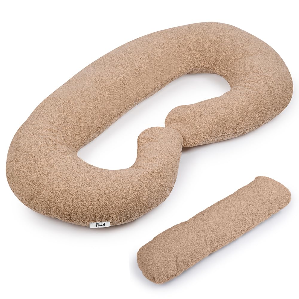 Flumi Schwangerschaftskissen C-Form – Ganzkörper-Stillkissen mit abnehmbarem Bezug, Stützkissen für Schwangere (C - Dunkelbeige Teddy)