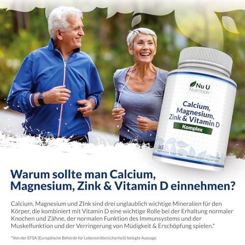 Calcium Magnesium Zink Hochdosiert - 365 Vegetarische Tabletten - 6 Monate - Kalzium Complex mit Vitamin D, Selen, Mangan, Bor & Kupfer - 800mg Calciumcarbonat pro Tagesdosis - Nu U Nutrition