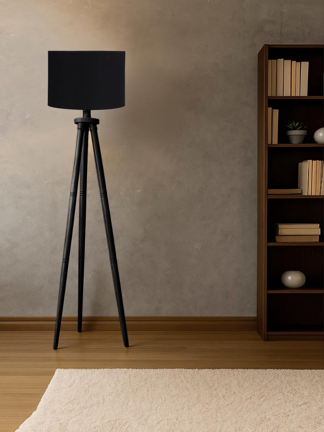 Devansh Wooden Tripod Floor Lamp with Black Cotton Drum Shade | Decorative Standing Lamp | Height 57.2 Inch-image-14