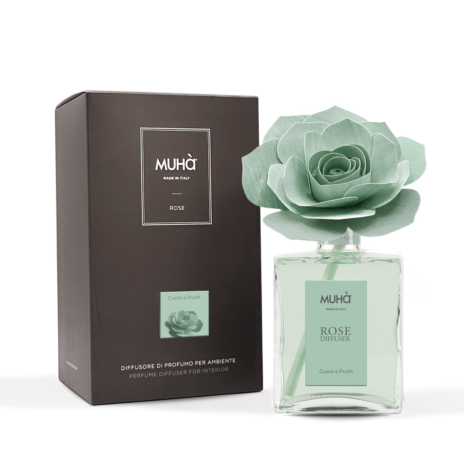 MUHA' | Duftdiffusor für Räume Rosa Diffuser, Duft Cuoio e Frutti, Raumduftdiffusor mit Rose aus Birkenholz, 200 ml Format.