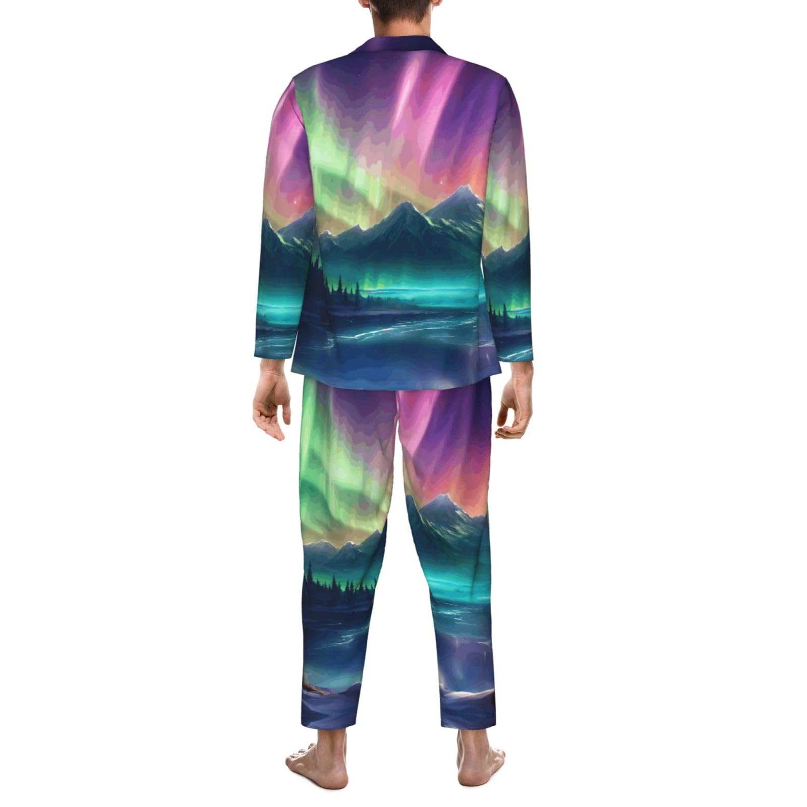 Dark Northern Lights Print męska piżama z długim rękawem zestaw bielizna nocna dwuczęściowy zestaw wypoczynkowy oddychająca bielizna nocna