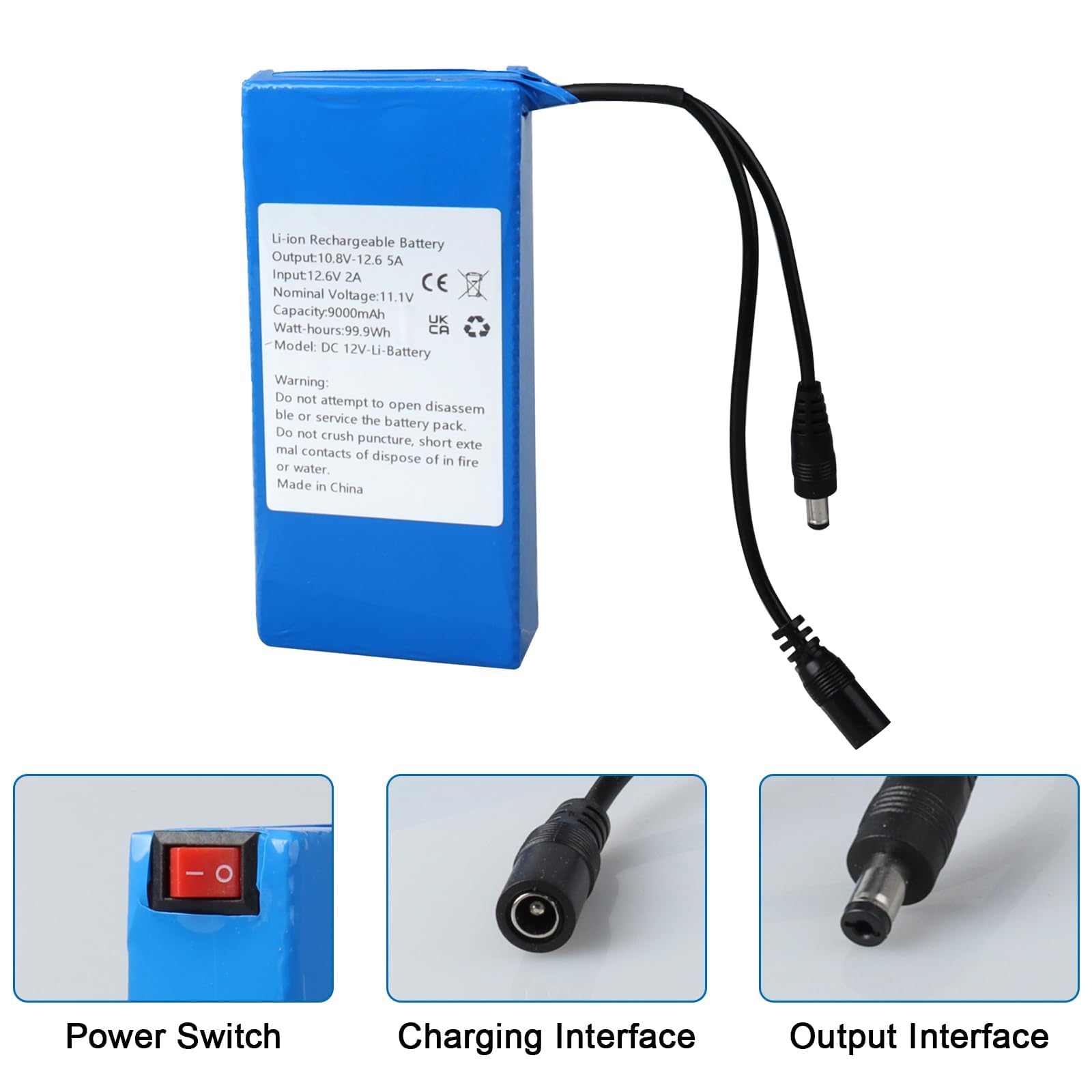 11.1V 9000mAh 99.9Wh Batteria ricaricabile agli ioni di litio compatibile con la maggior parte dei dispositivi DC12V, luci solari, luci LED, spruzzatori, altoparlanti, pianoforti elettronici