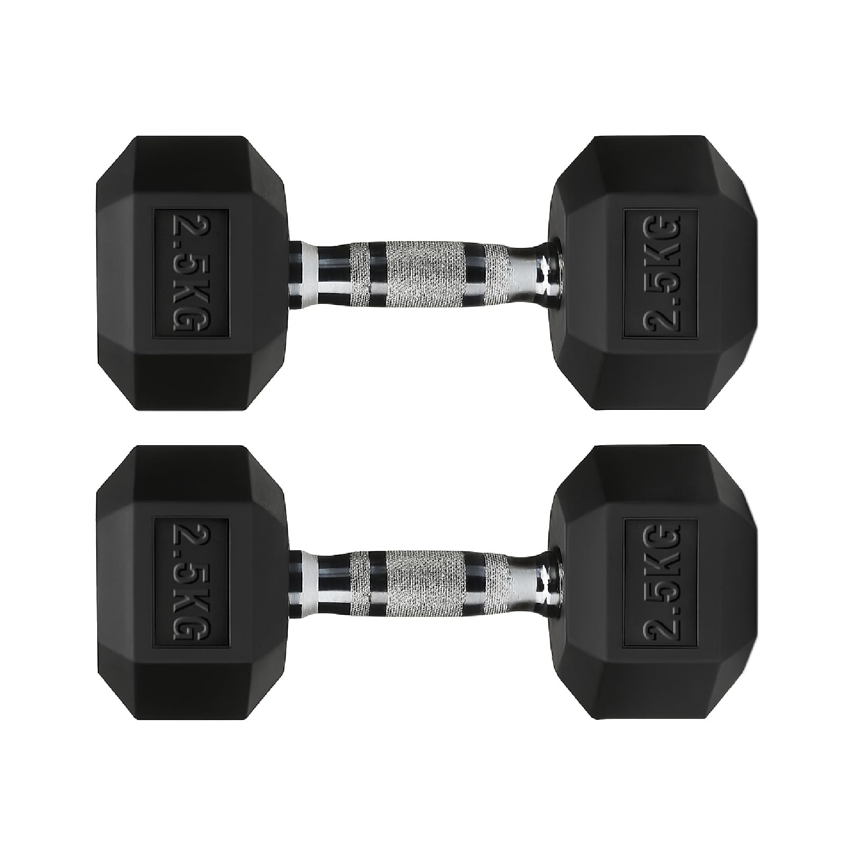 Hex Dumbbells Rubber Coated Cast Iron, Knurled Metal Handles, Anti-Roll Hex Design for Home Gym Strength Training and Weight Lifting, 1kg to 30kg Pairs and Sets (2.5kg-Pair)