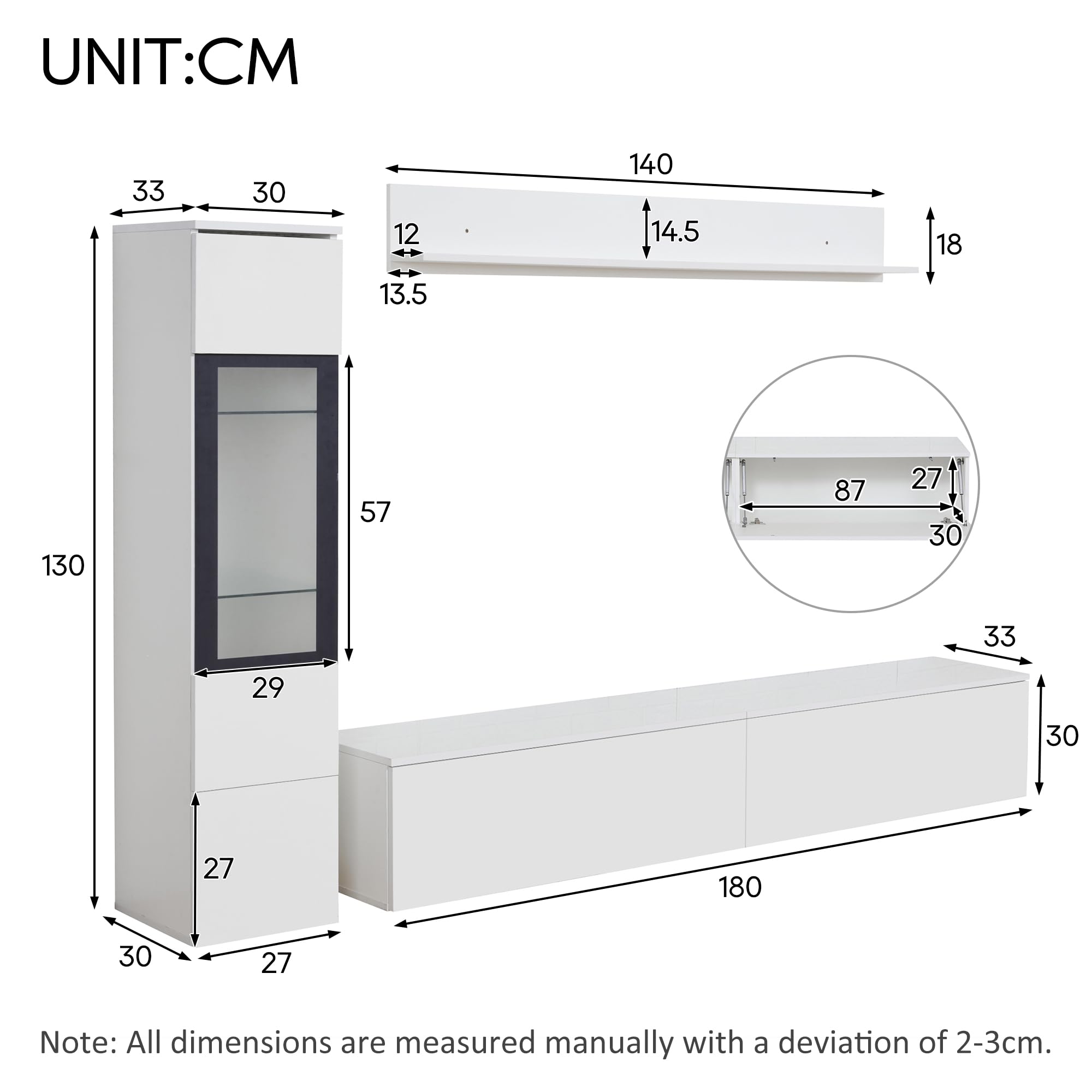 KAZZIO Set da parete per TV, 3 pezzi, illuminazione a LED, lucido, per soggiorno, 1 armadio per TV, 1 vetrina per soggiorno, 1 mensola da appendere (bianco)