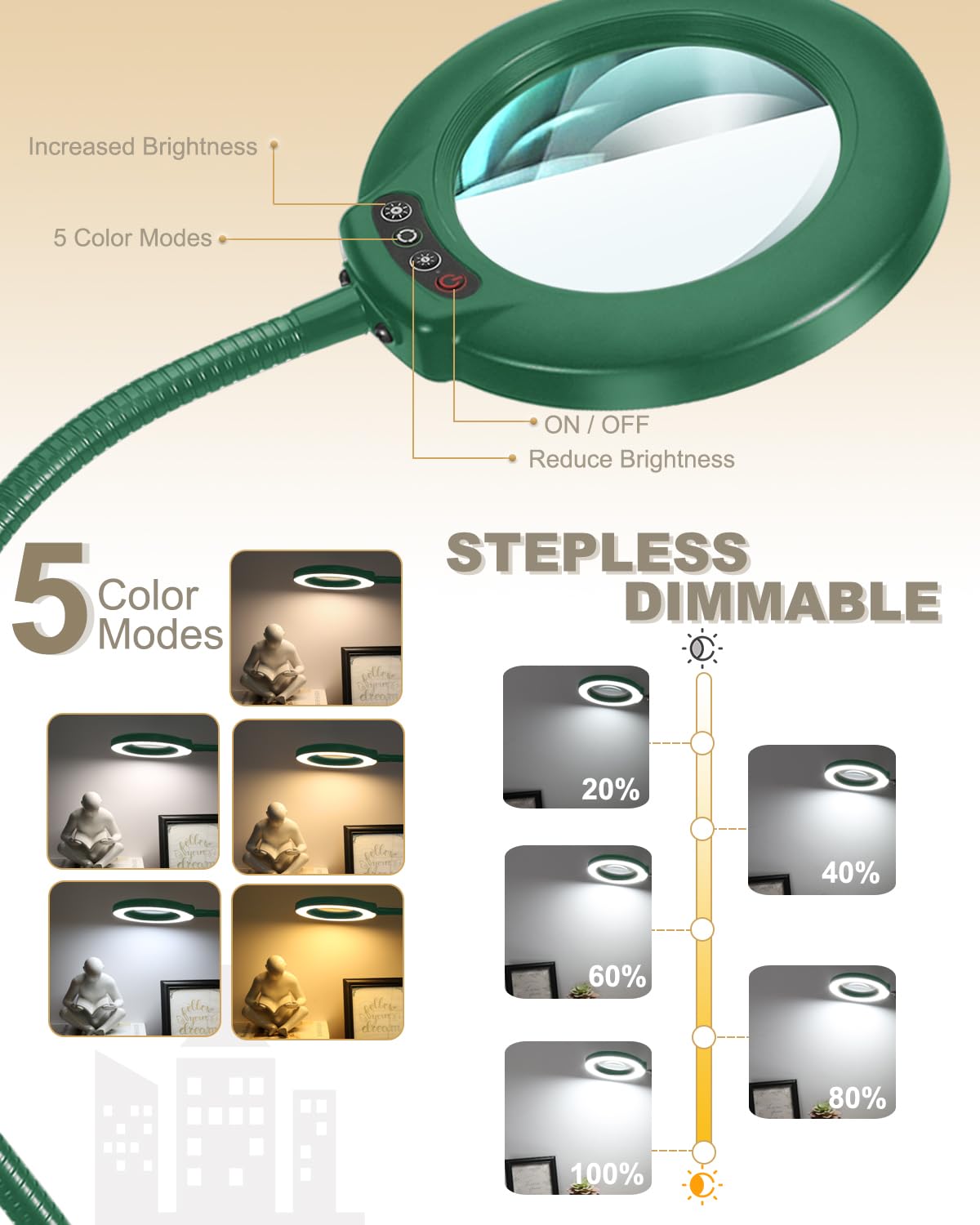 Veemagni 10X Magnifying Glass with Light and Stand, 5 Color Modes Stepless Dimmable LED Lighted Desk Lamp, Hands Free Flexible Gooseneck Magnifier with Light for Craft Hobby Painting Close Work, Green - Image 3