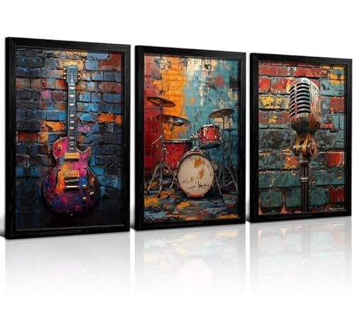 NCCXNCC 3Pcs Black Frame Music Theme Wall Art Canvas Painting Guitar Drum Microphone Wall Decor Musical Instrument Artwork Industrial Graffiti Style Pattern Suitable for Living Room, Bar 16x24 inch