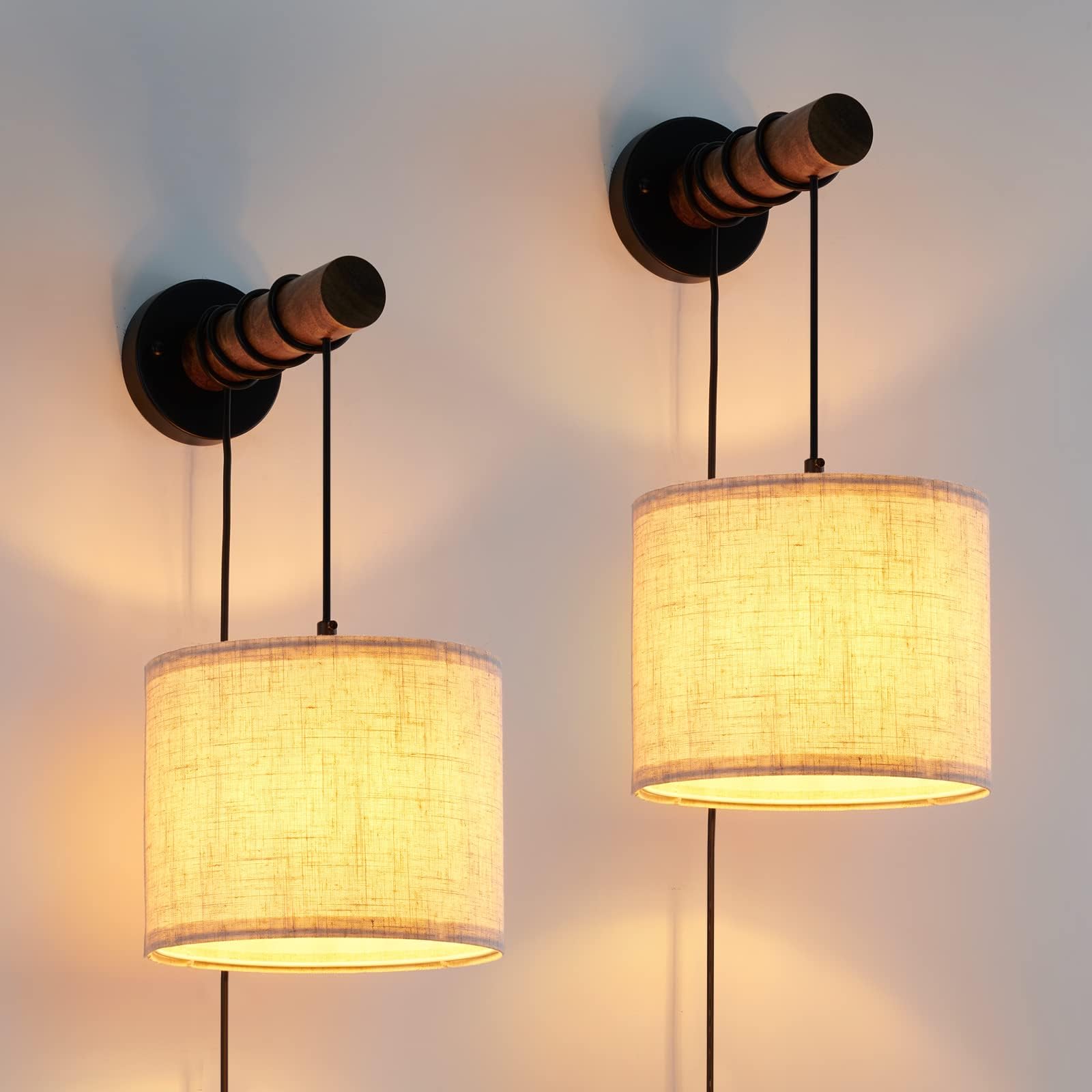 Lomoky Plug in Wall Sconces Set of Two, Vintage Wood Wall Lamps with ...