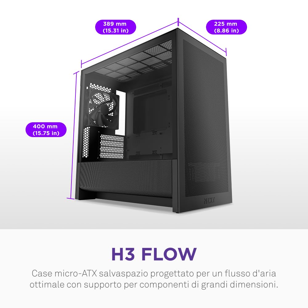 NZXT H3 Flow – Case PC Gaming Micro-ATX – Flusso d'aria ottimizzato – 1 ventola 120mm inclusa – GPU full-size – Radiatore 280mm frontale, 240mm superiore – Scheda madre con conn. posteriore – Nero