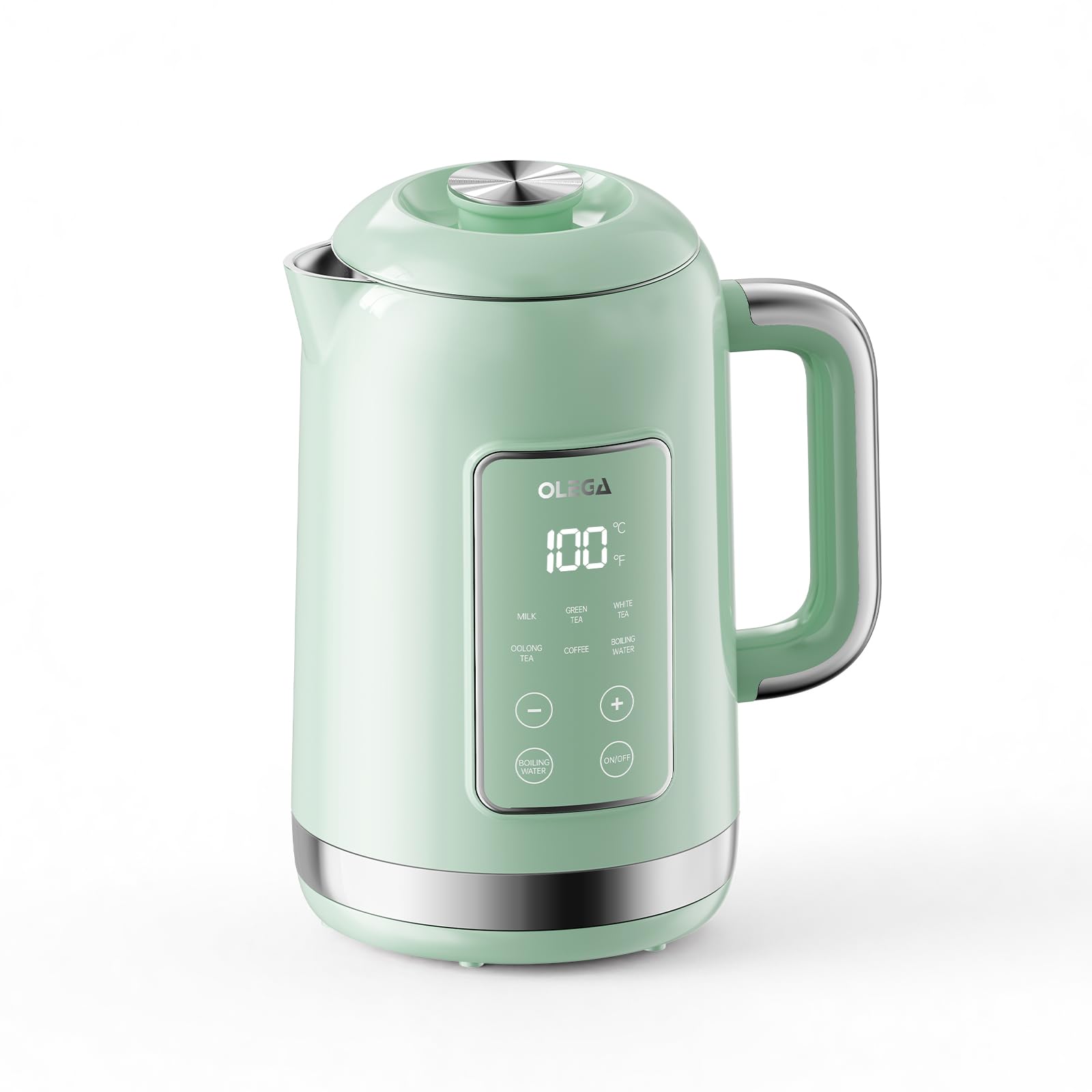 OLEGA Czajnik elektryczny, 1800 W, z regulacją temperatury, pojemność 1,5 l, stal nierdzewna, Smart Kettle, idealny do kawy i herbaty, jasnozielony