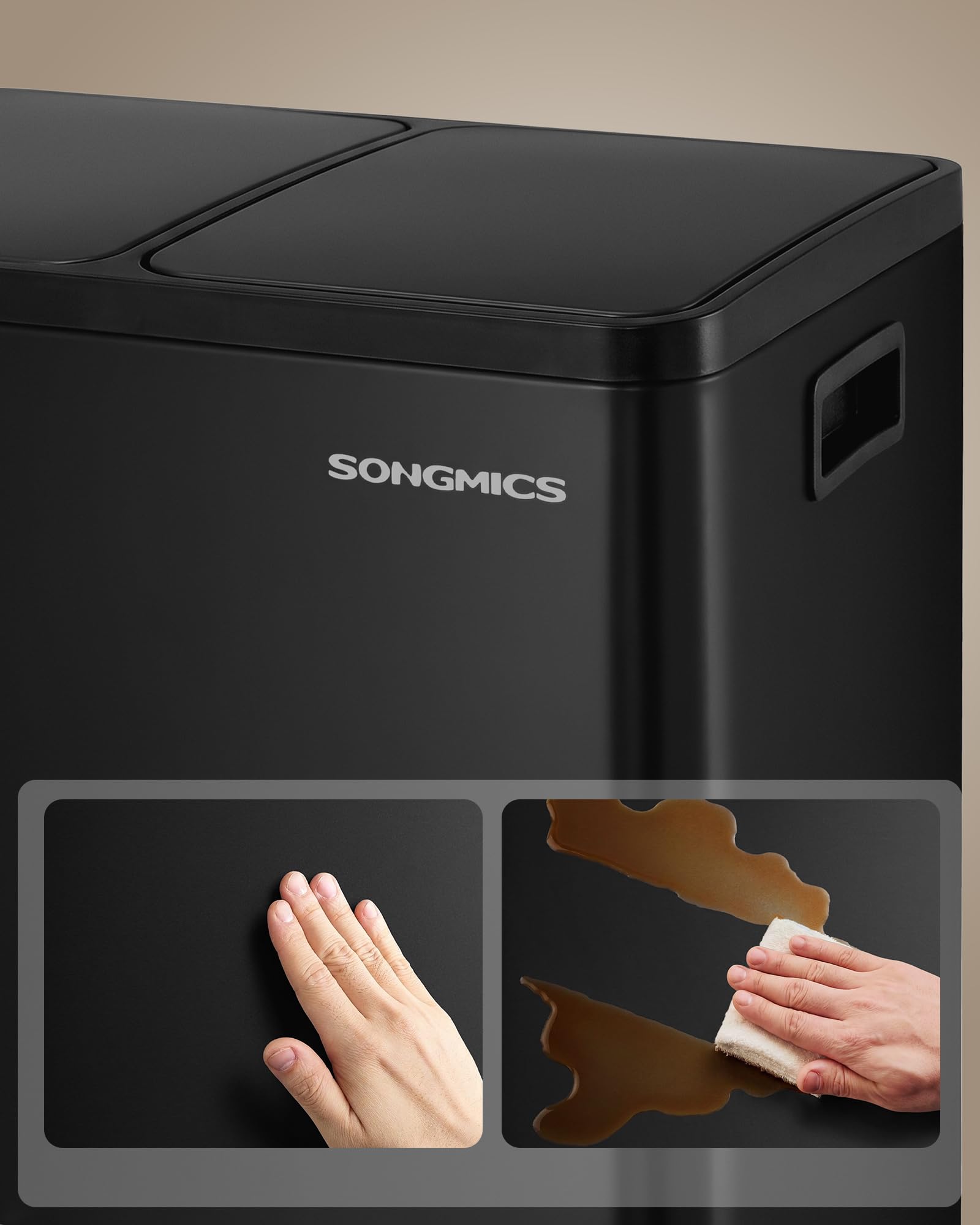 SONGMICS Kosz na śmieci kuchenny, 2 x 30 l, system segregacji śmieci, 2 przegródki, kosz na śmieci z 15 workami na śmieci, kosz na śmieci z pedałem, wyjmowany kosz wewnętrzny, pokrywka Softclose