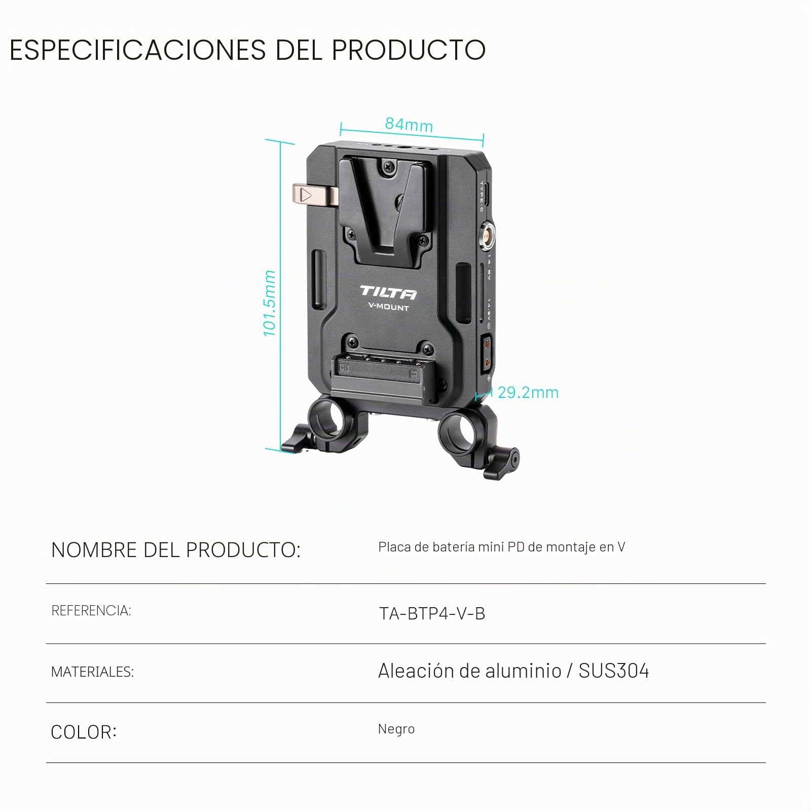 Tilta Placa de Batería Mini PD V Mount con Rosca 1/4"-20, Puerto USB-C / 2 Pin/P-Tap - Negro TA-BTP4-V-B