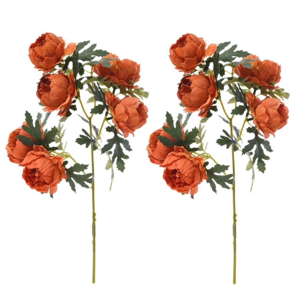 CCUUHJ 2 Pcs Artificial Silk Flowers Realistic Peony Bouquet Long Stem Flower Centerpiece for Home Wedding Decoration Party (Orange)