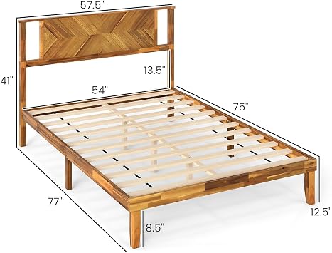 KOMFOTT Full Size Wood Bed Frame with Headboard, Solid Acacia Wood Platform Bed Frame, Wooden Slats Supported Bed Base with Under-Bed Storage Space, No Box Spring Needed Mattress Foundation
