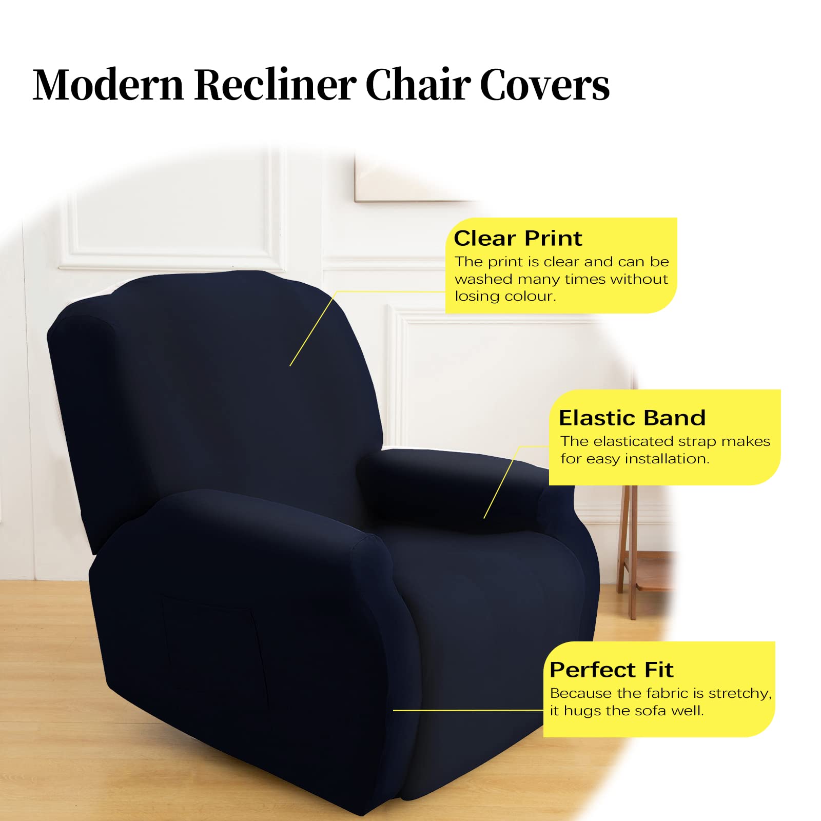 FIGOOO Copripoltrona Relax Reclinabile Copripoltrona 1 Posto Elasticizzato Relax Universale con Tasche 4-Pezzi Fodere per Poltrona Relax Lavabile Rimovibile Coprisedile Chivas,Blu Navy