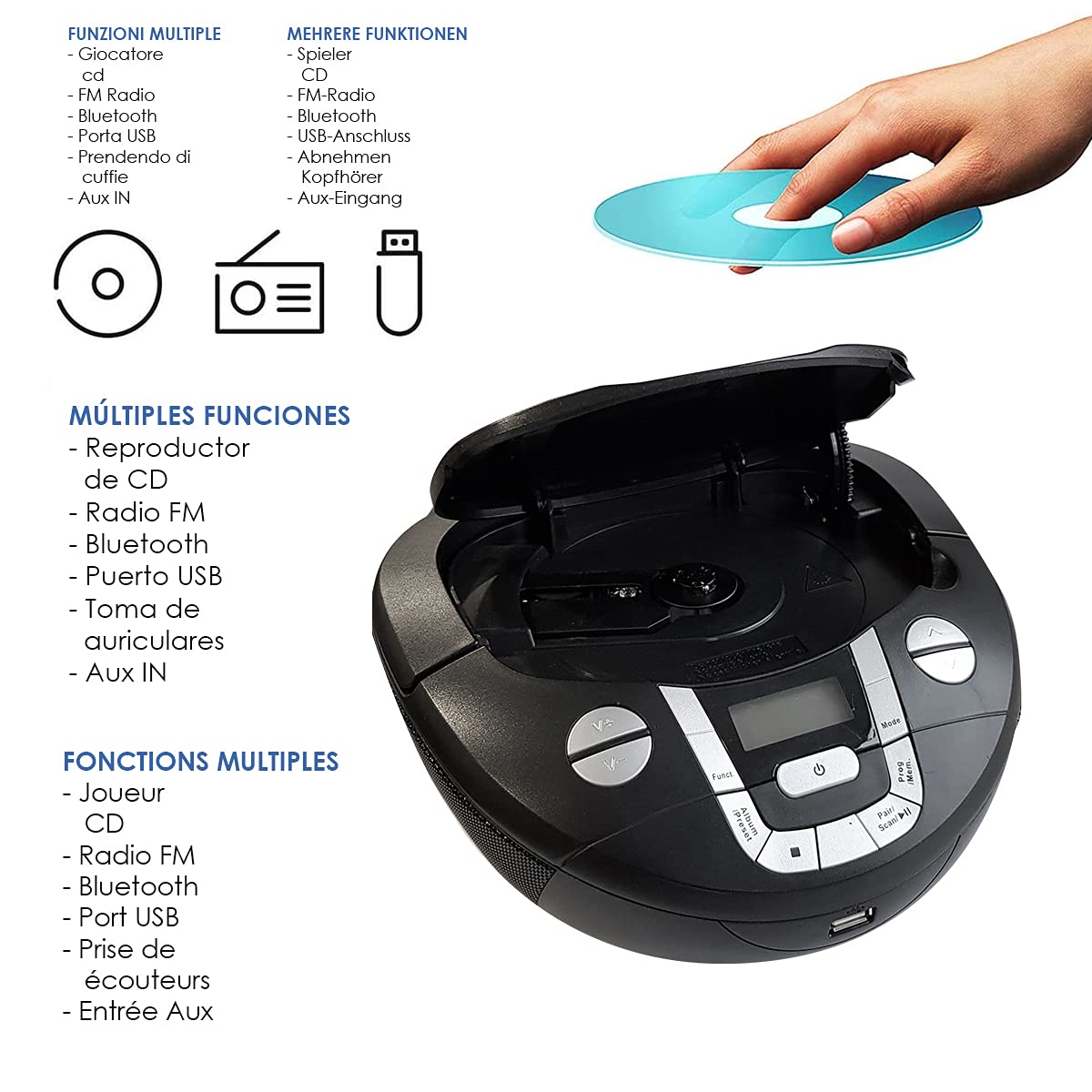 Boombox Przenośne radio CD Bluetooth BSL PCD-31 czarne | z mocą 2 W RMS | Radio FM i port USB odtwarzacz MP3 | Wyświetlacz LCD | AUX IN | Wyjście słuchawkowe