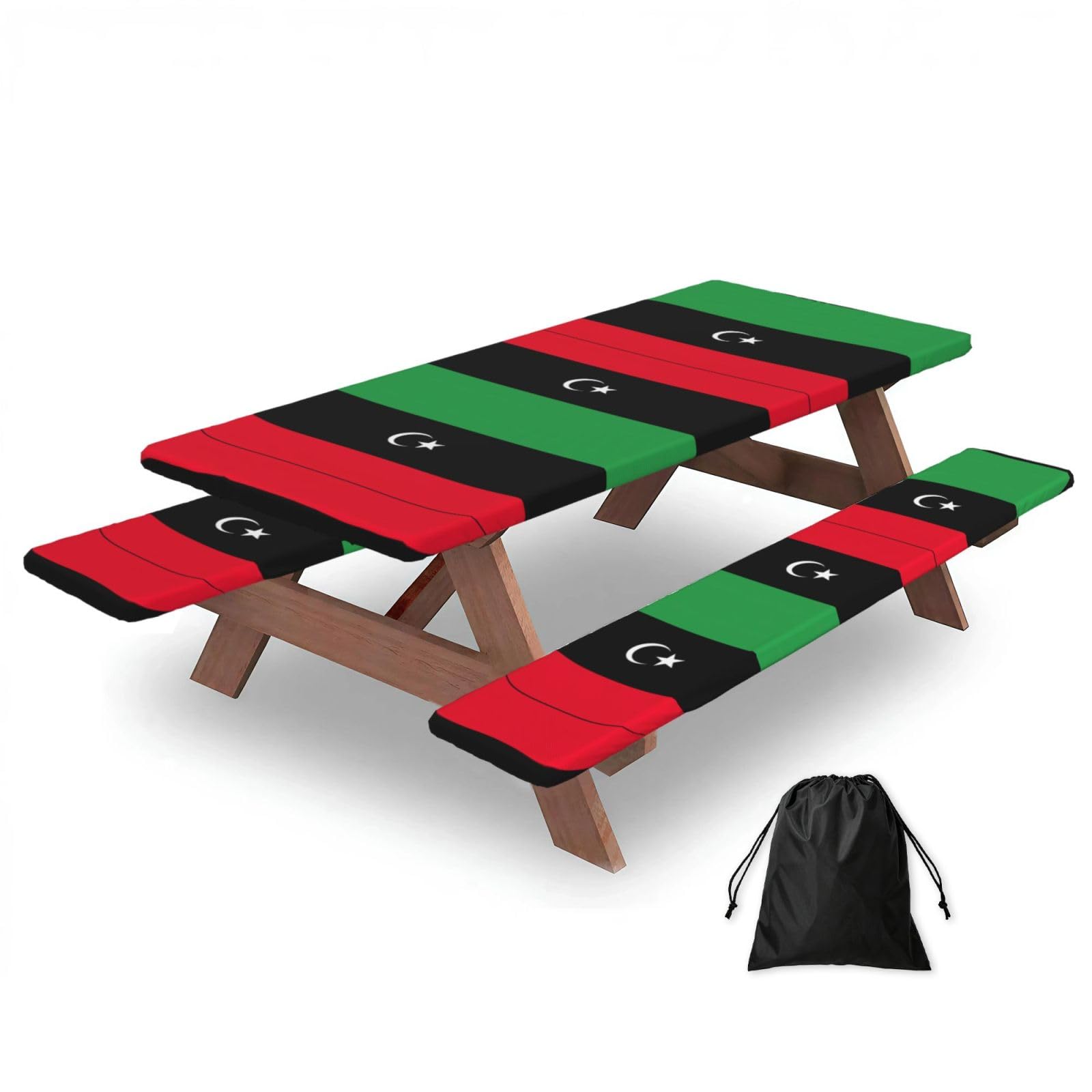 Zyjhyy Black Libyan Flag Print Party Table Covers With Bench Covers Set Of 3 Picnic Table Cloth Wipe Clean For Garden Camping