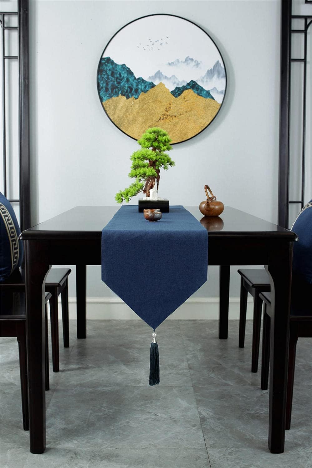 Camino De Mesa De Macramé con Flecos De Lino Y Algodón para Cocina, Restaurante, Hotel, Cafetería. Estaca Colgante Azul Puro, 33 X 200 Cm.