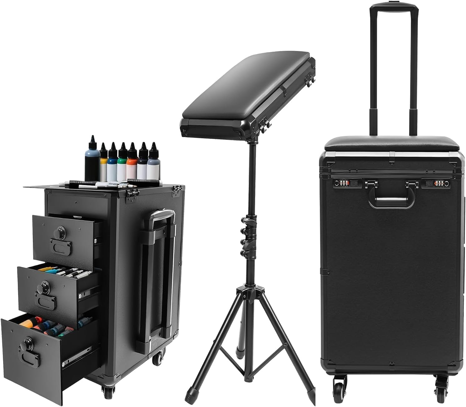 Futchoy 2 in 1 Kosmetikkoffer Trolley mit Armlehnenständer,Schminkkoffer Nagelkoffer mit Rollen,Tattoo-Station Koffer 3 Schubladen,Make-up Koffer für Tattoo, Beauty-Werkzeuge, Schwarz (Acrylplatten)